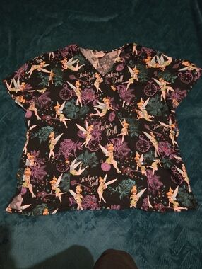 Disney Tinker Bell Black Floral Scrub Top with Pink & Teal Accents